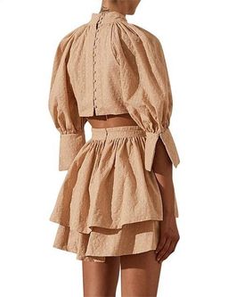 Shonay Joy Magnolia High Neck Open Back Mini Dress in Peanut for rent on The Volte - image 3