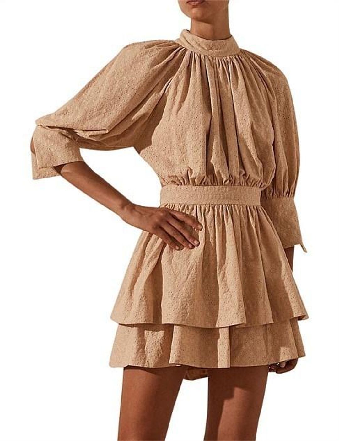 Shonay Joy Magnolia High Neck Open Back Mini Dress in Peanut for rent on The Volte - main image