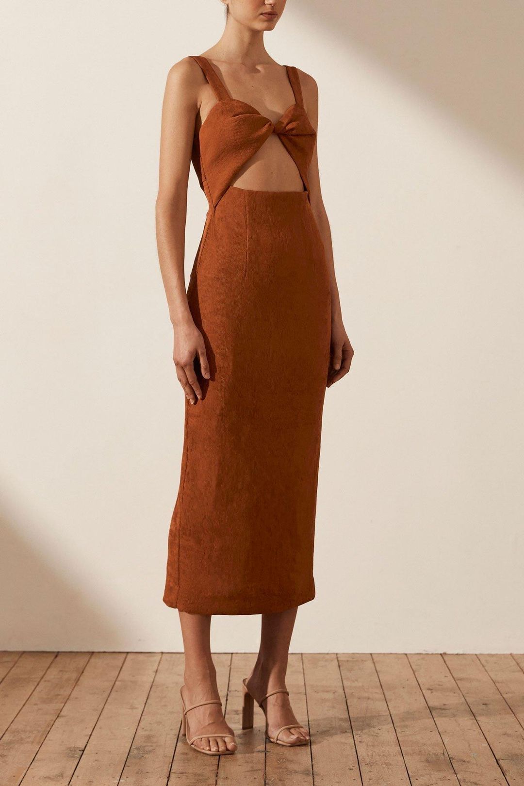 Shona Joy Simone Fitted Cut Out Midi Dress Terracotta for rent on The Volte - main image