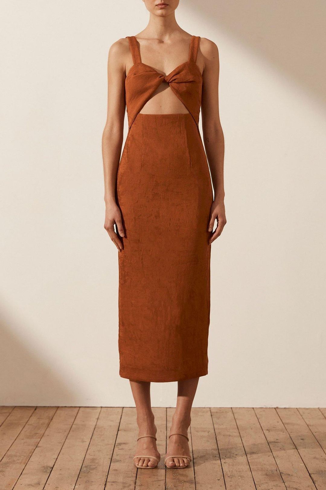 Shona Joy Simone Fitted Cut Out Midi Dress Terracotta for rent on The Volte - main image