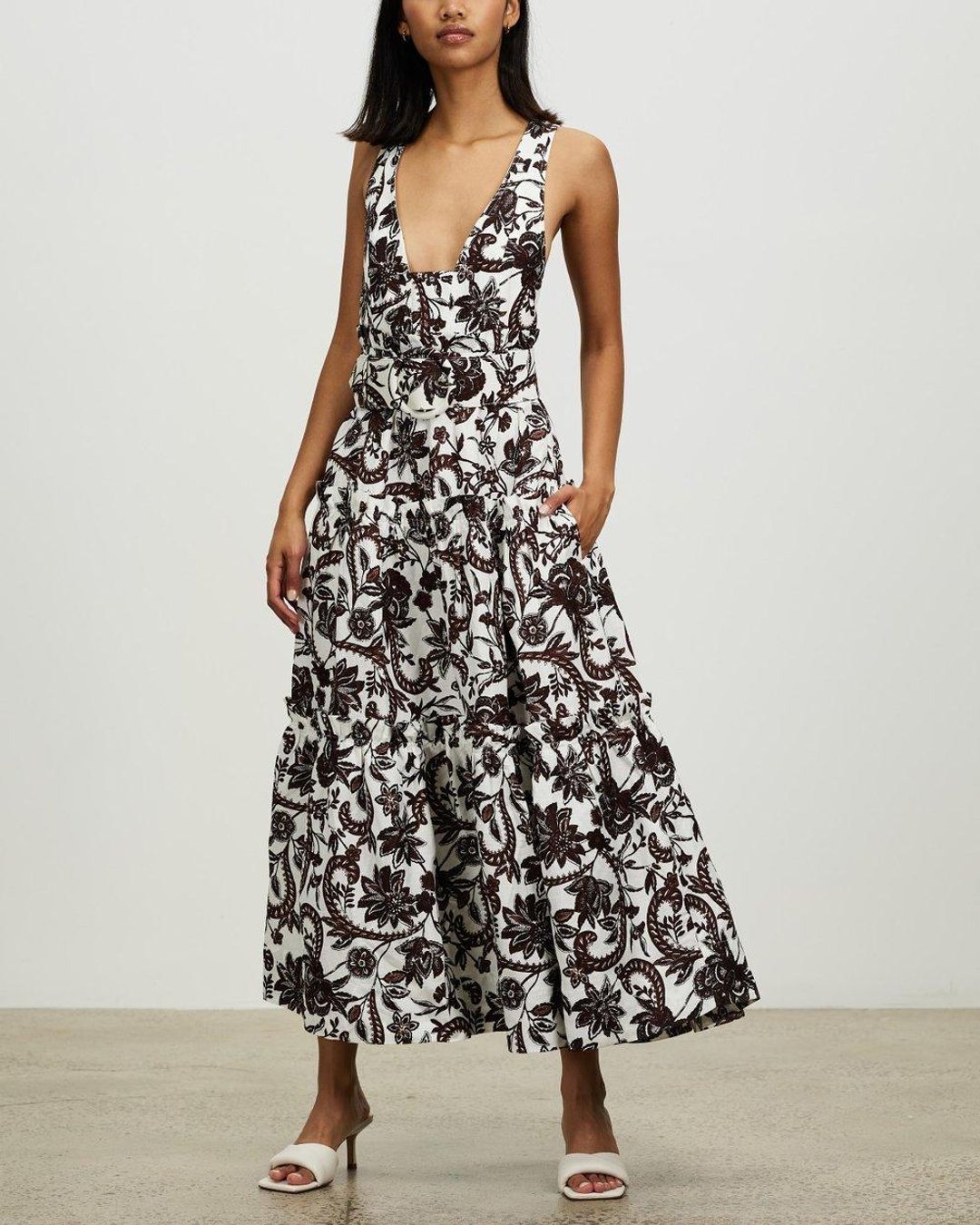 Shona Joy Dahlia Linen Tiered Midi Dress Floral for rent on The Volte - main image