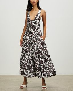 Shona Joy Dahlia Linen Tiered Midi Dress Floral for rent on The Volte - image 1