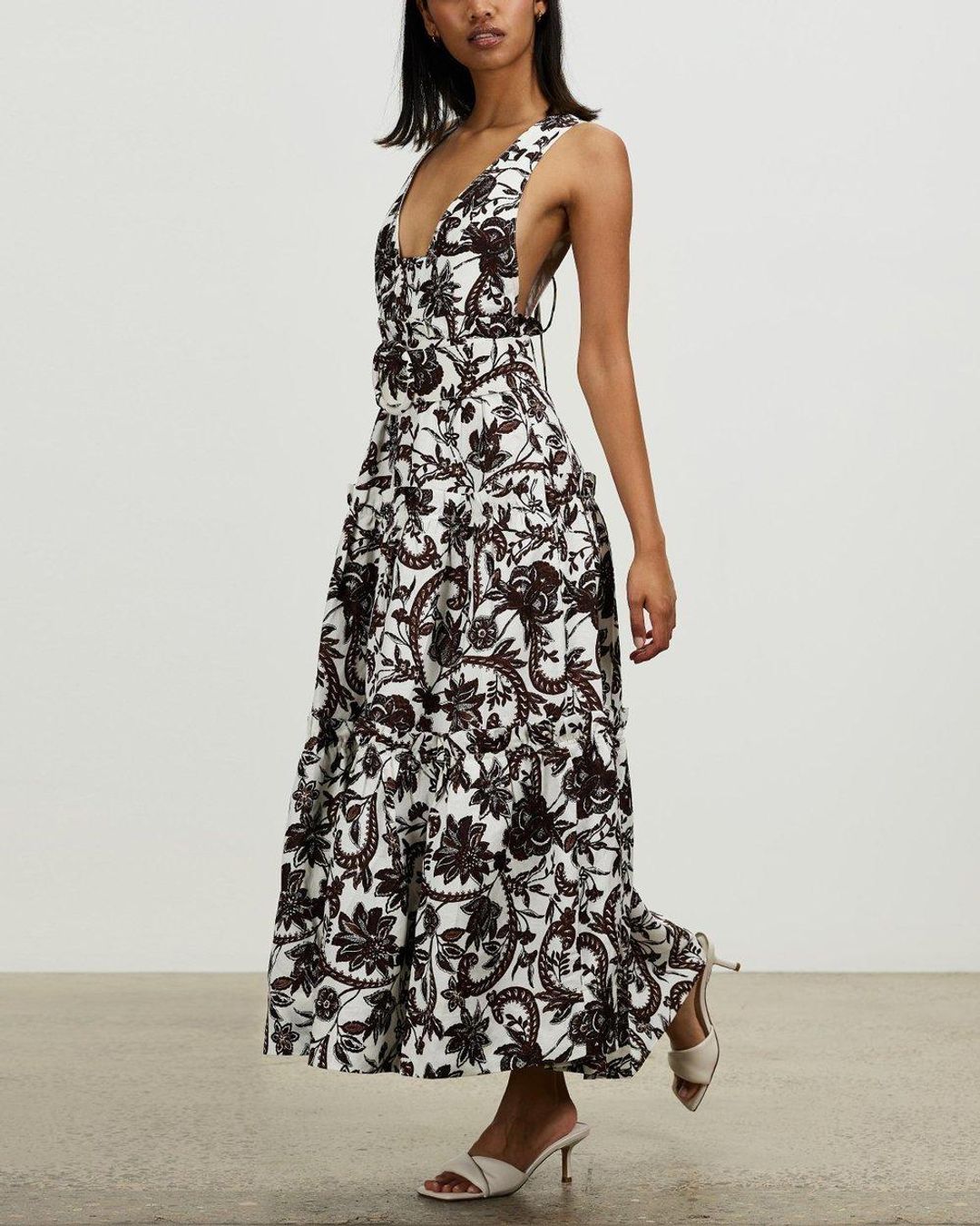 Shona Joy Dahlia Linen Tiered Midi Dress Floral for rent on The Volte - main image