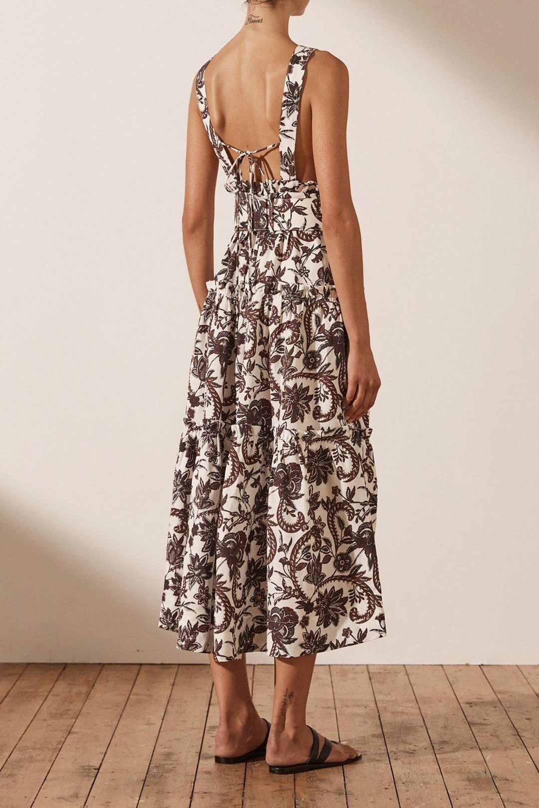 Shona Joy Dahlia Linen Tiered Midi Dress Floral for rent on The Volte - main image