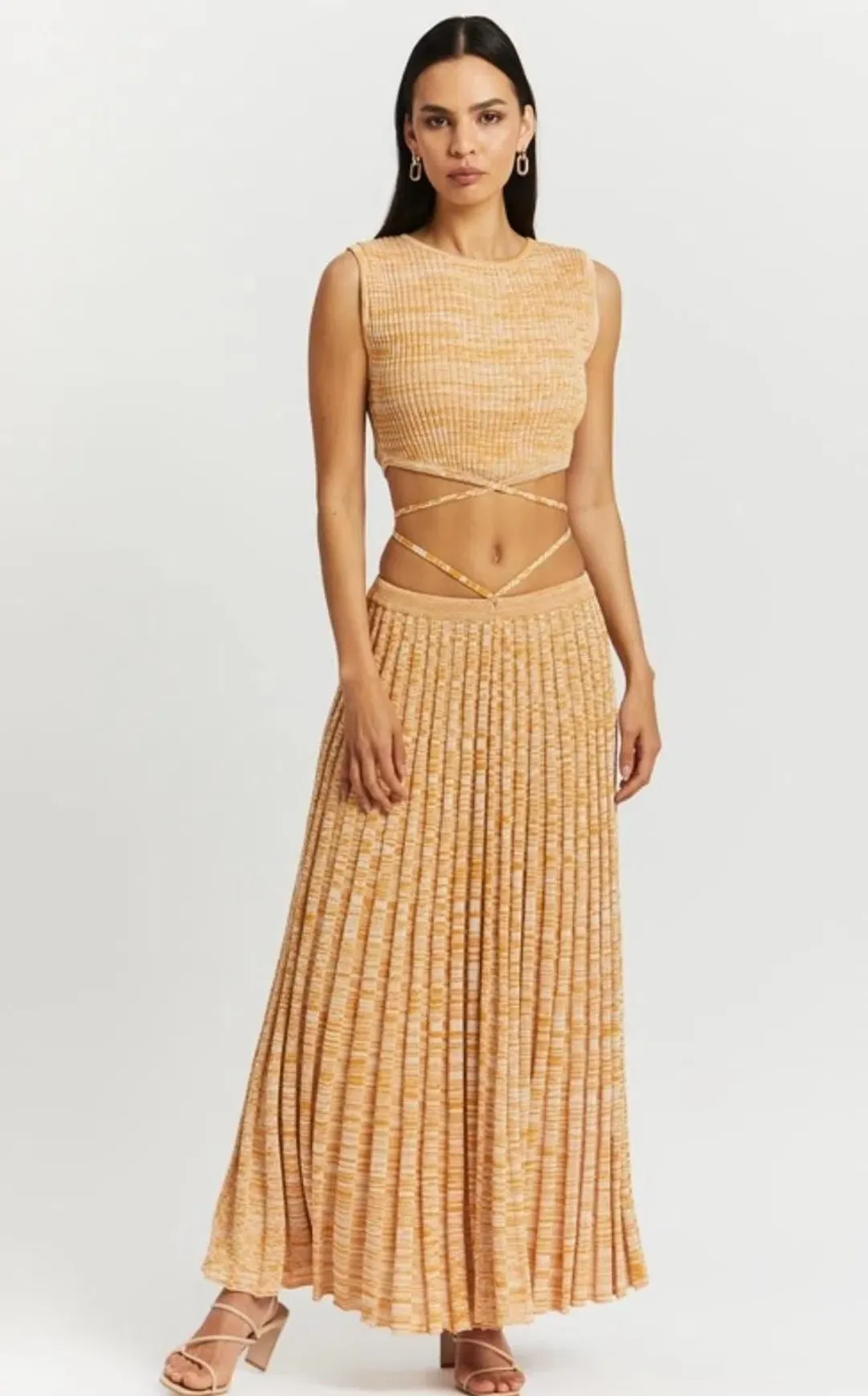 Christopher Esber Sleeveless Knit Tie Crop Top and Pleated Knit Tie Skirt Set Dune Marle Size 6 for rent on The Volte - main image