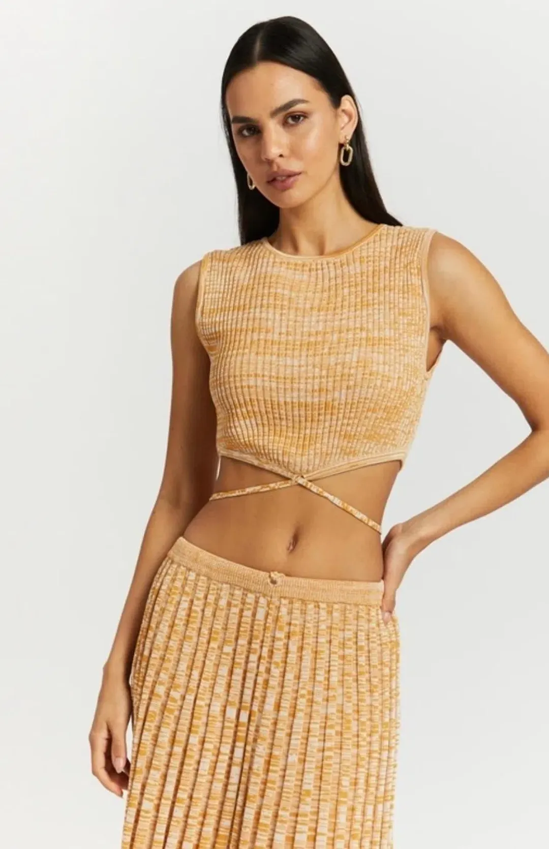 Christopher Esber Sleeveless Knit Tie Crop Top and Pleated Knit Tie Skirt Set Dune Marle Size 6 for rent on The Volte - main image