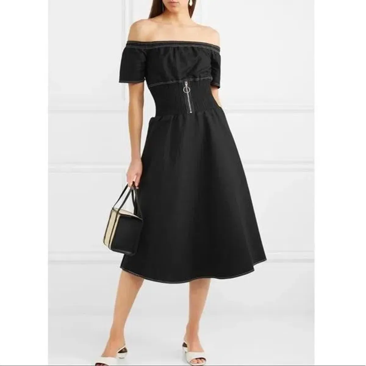 Maje Relera Black Smocked Off-Shoulder Midi Dress Size 8 - Image 1