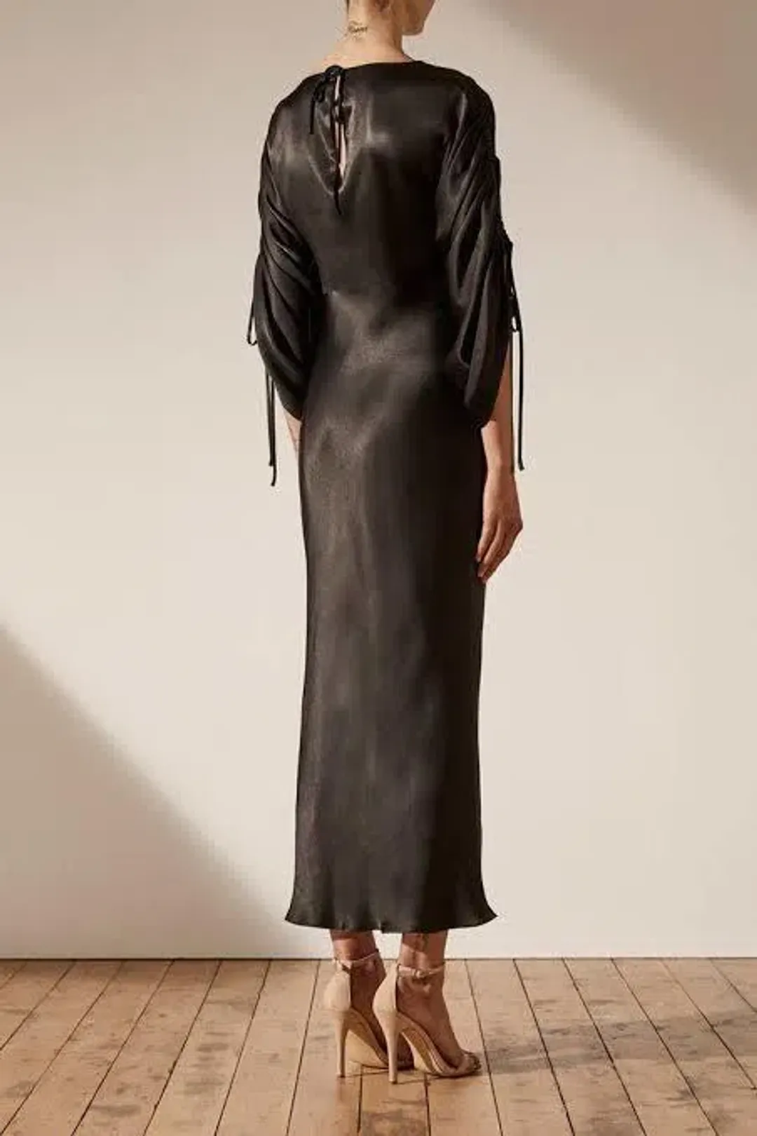 Shona Joy Wright Ruched Sleeve Midi Black Dress Size 8 for rent on The Volte - main image