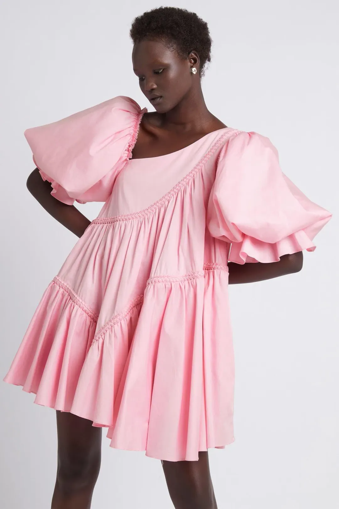 Casabianca Braided Asymmetric Puff Sleeve Mini Dress Pink Size 8 for rent on The Volte - main image