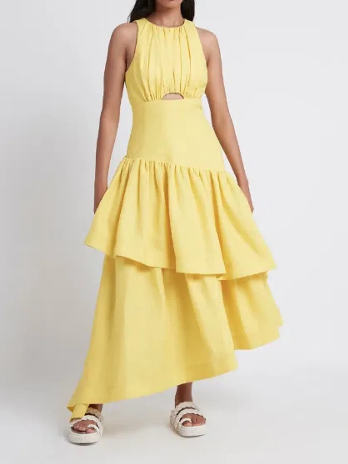 Aje Caliente Tiered Cut Out Midi Dress Yellow Size 12 for rent on The Volte - main image