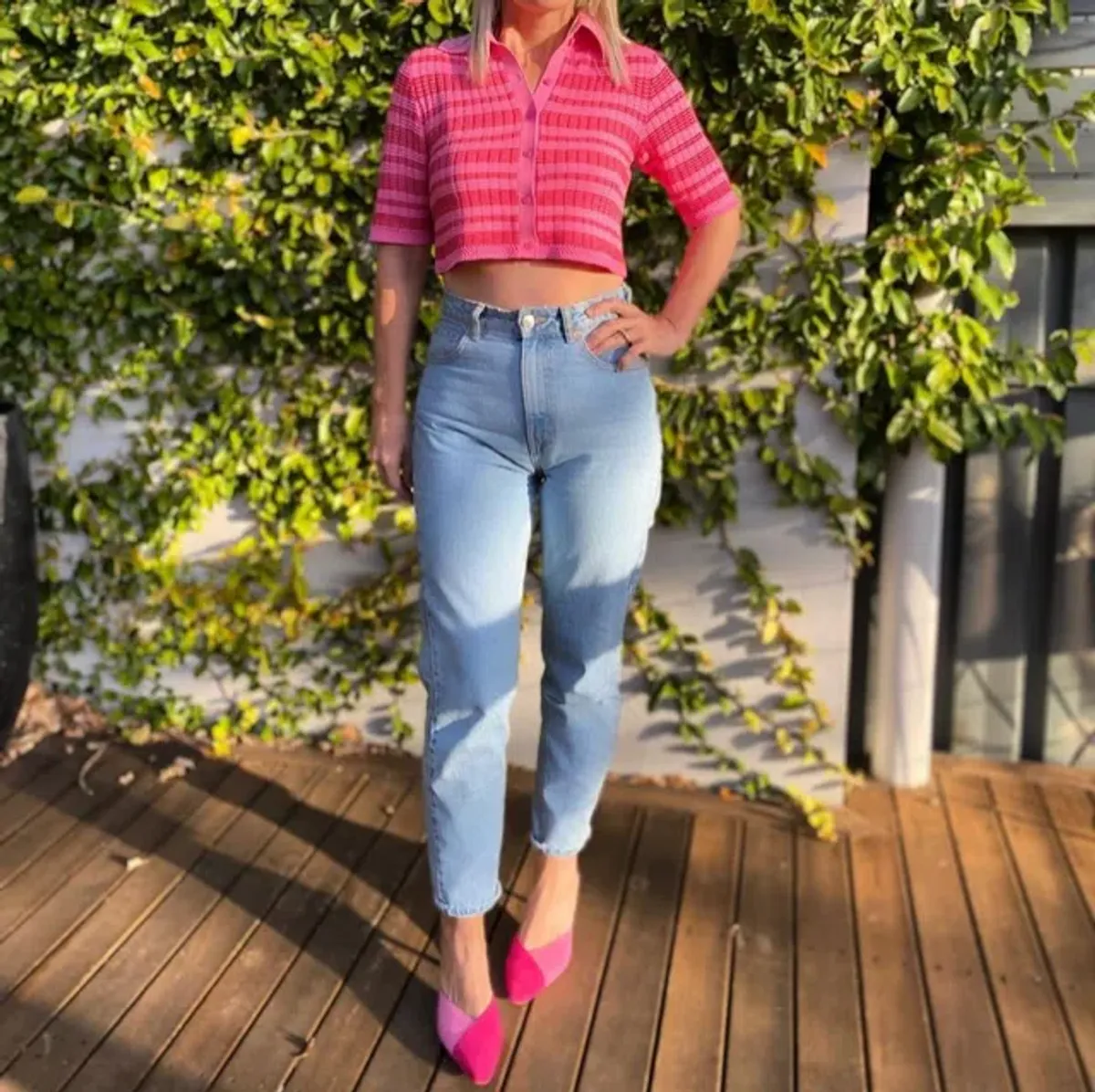 Scanlan Theodore Pleated Rib Stripe Crop Top Pink Size 8 - Image 4