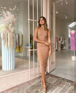 Third Form Shimmer One Shoulder Midi Dress Peach Size 8 for rent on The Volte - image 3