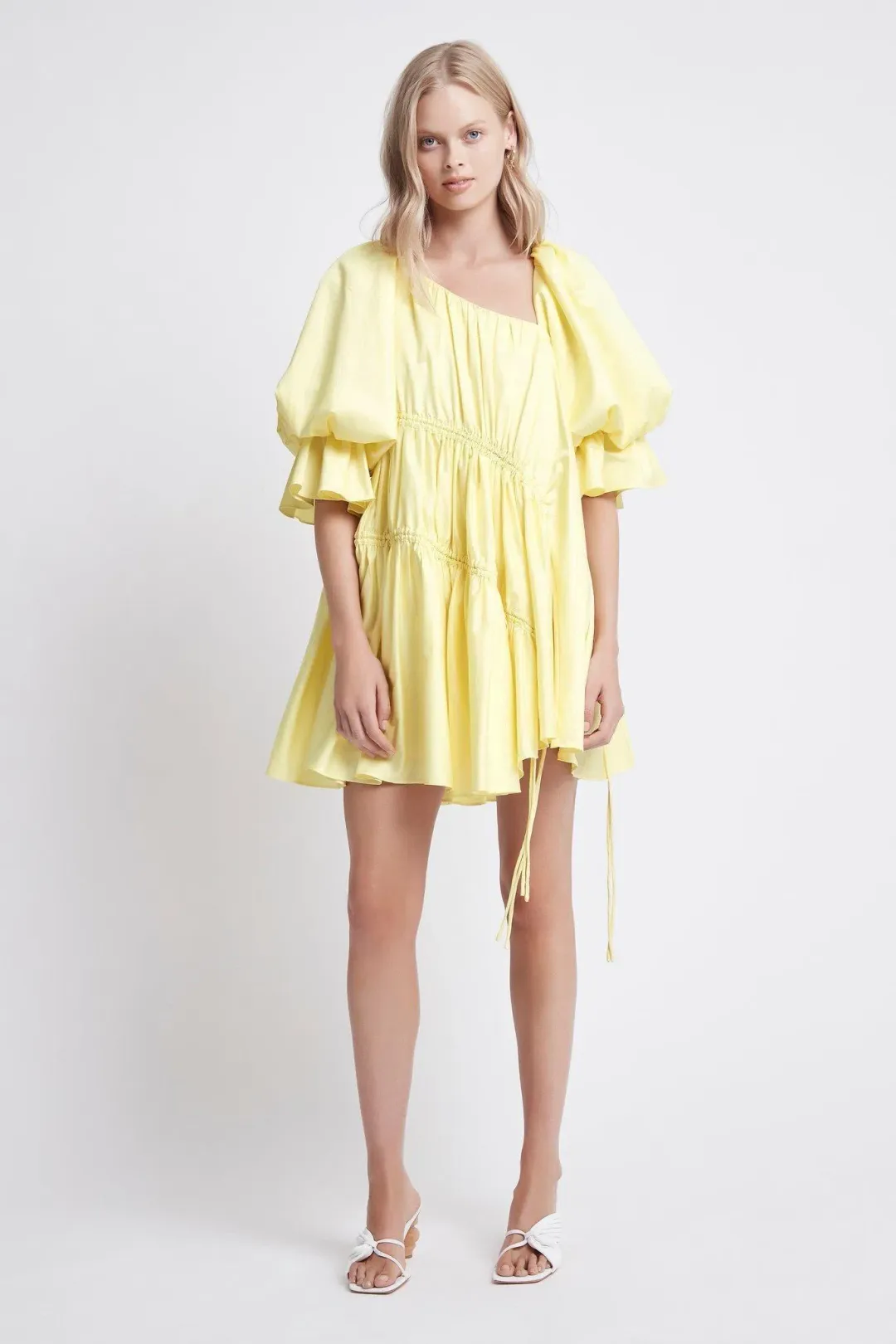 Aje Hushed Asymmetric Mini Dress Yellow Size 6 for rent on The Volte - main image