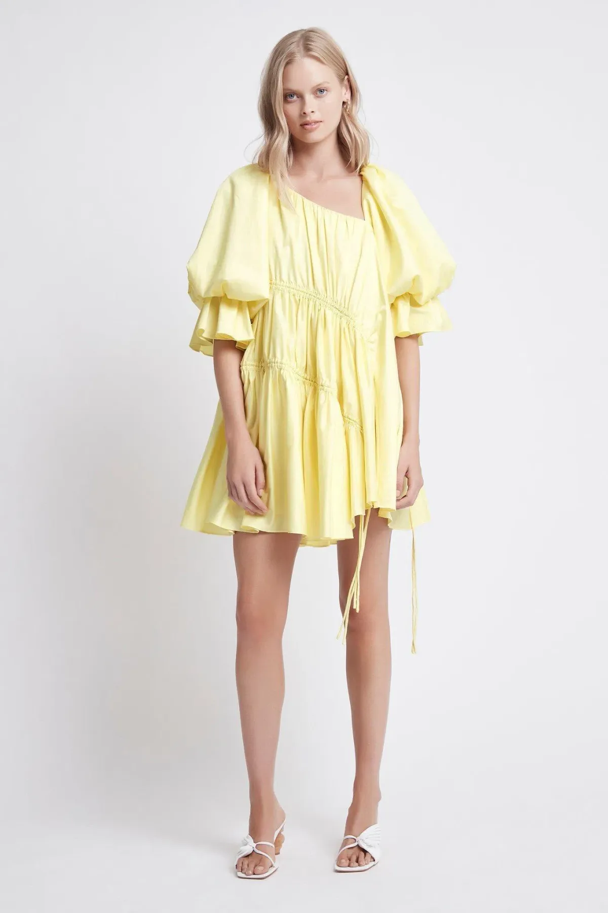 Aje Hushed Asymmetric Mini Dress Yellow Size 6 for rent on The Volte - main image