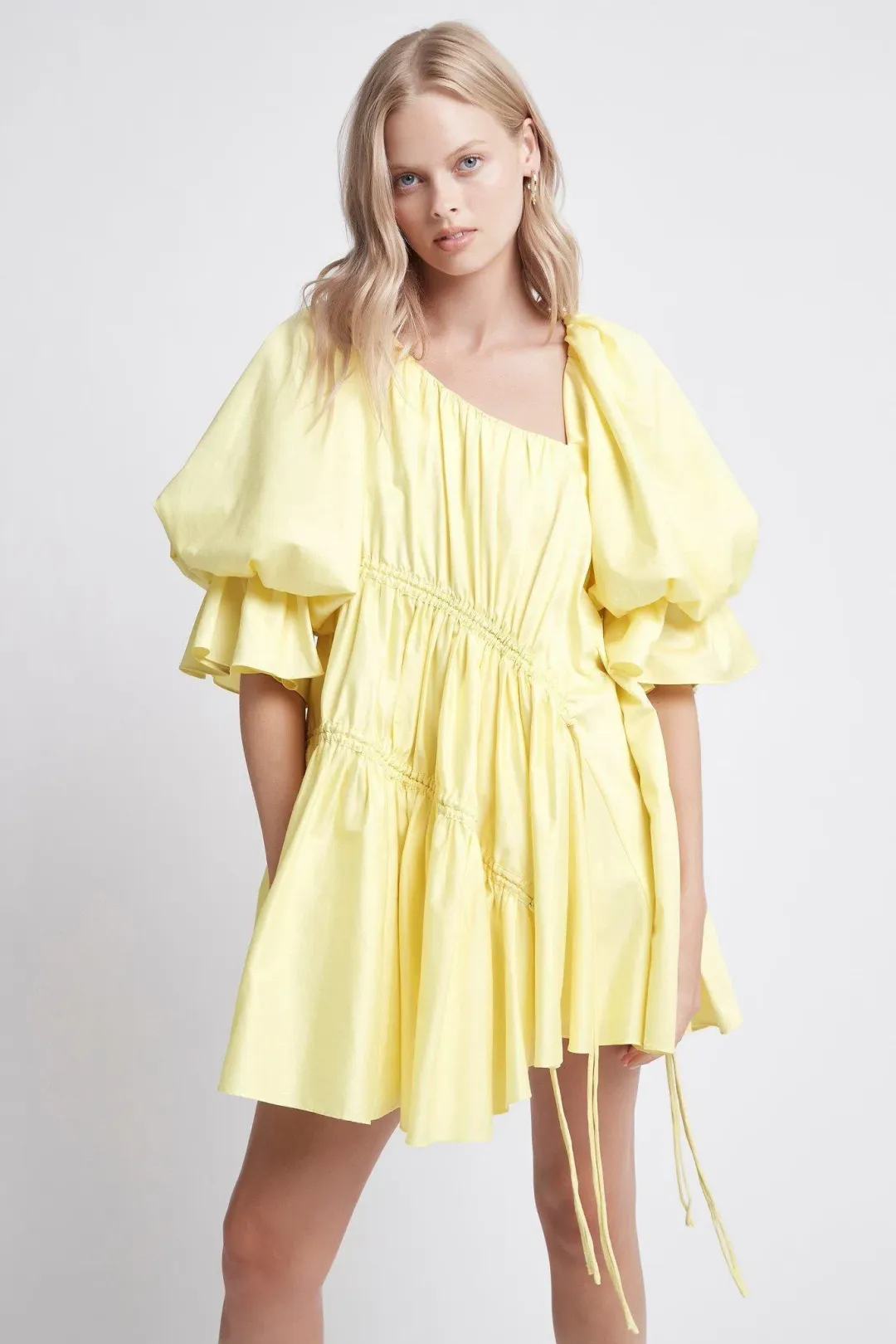 Aje Hushed Asymmetric Mini Dress Yellow Size 6 for rent on The Volte - main image