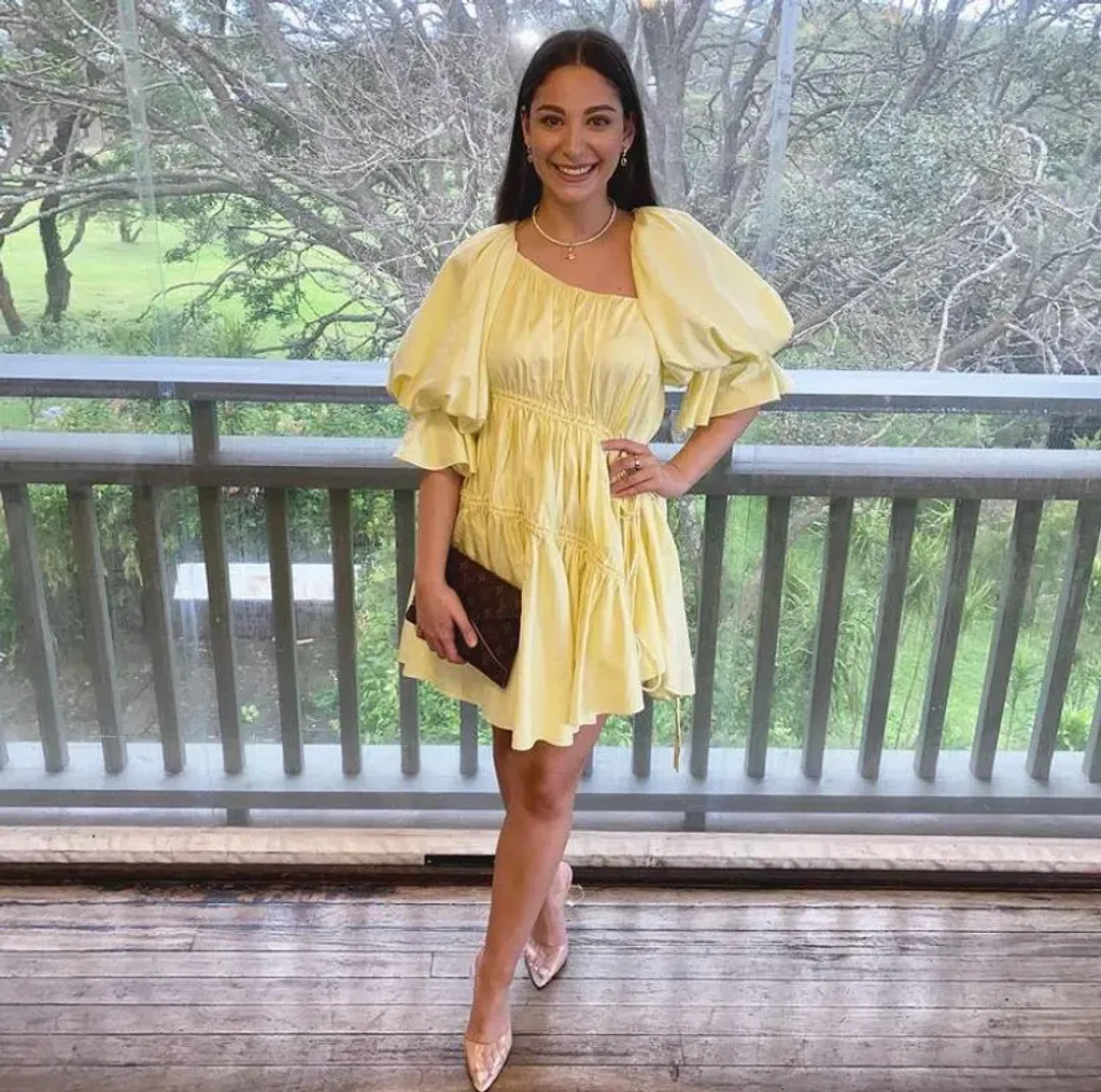 Aje Hushed Asymmetric Mini Dress Yellow Size 6 for rent on The Volte - main image