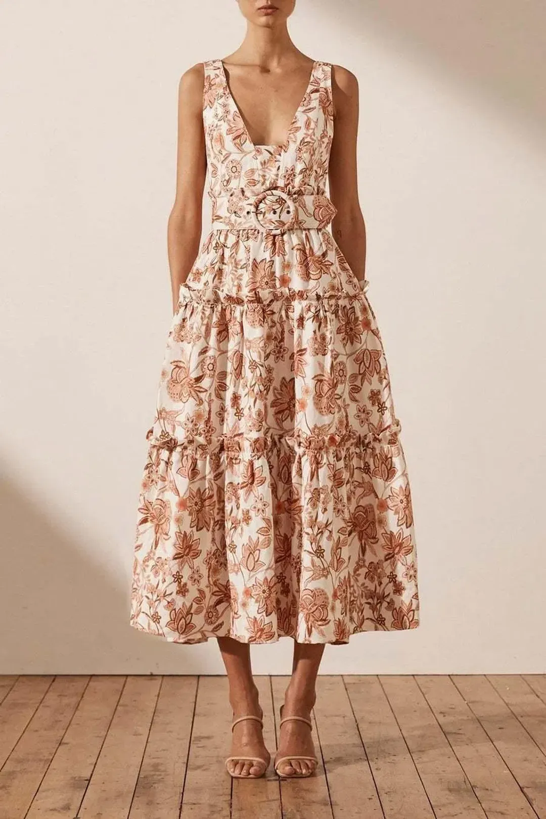 Shona Joy Carolina Linen Tiered Midi Floral Dress Print Size 10 for rent on The Volte - main image