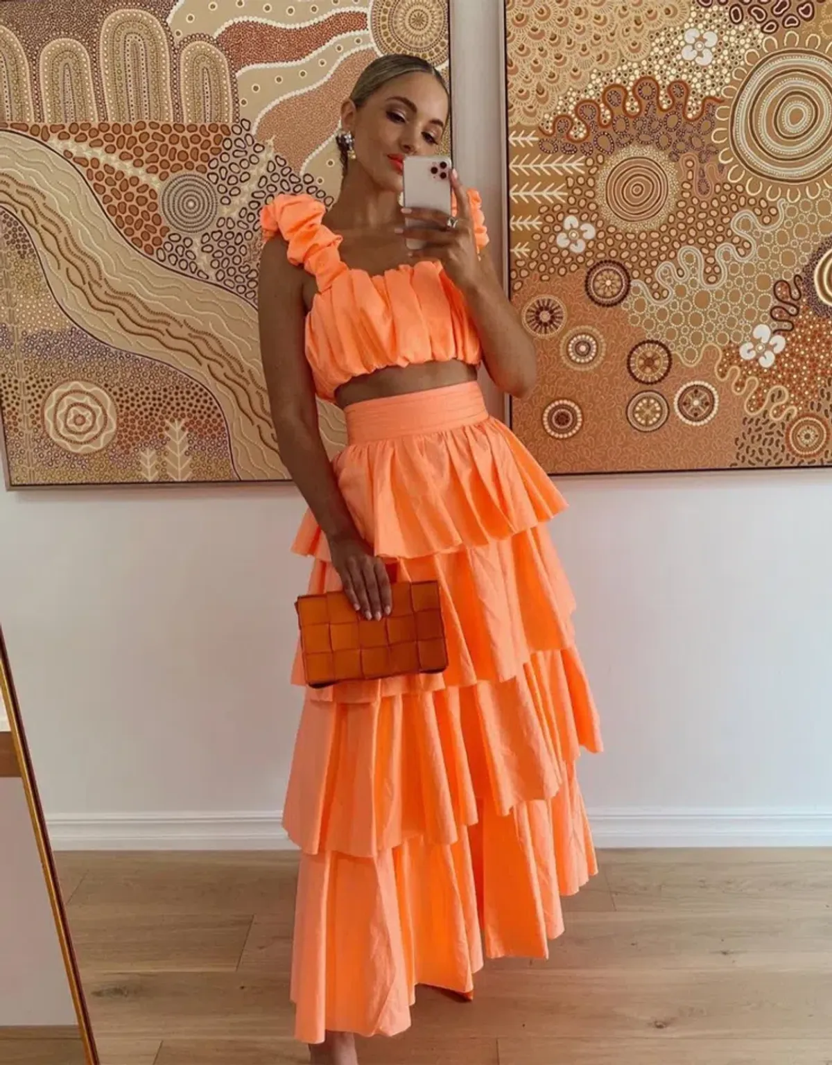 Aje Medina Ruched Crop Top and Tiered Midi Skirt Set Orange Size 6 - Image 1