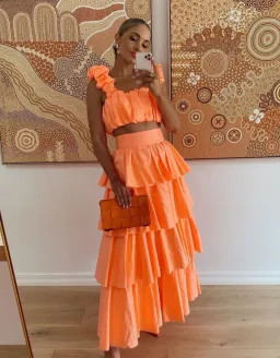 Aje Medina Ruched Crop Top and Tiered Midi Skirt Set Orange Size 6 for rent on The Volte - image 1