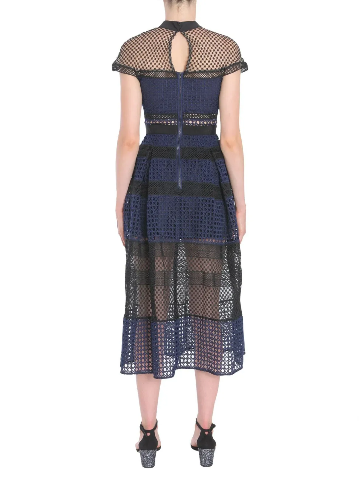 Self Portrait Crosshatch Midi Guipure Lace Dress Navy Size 8 - Image 2
