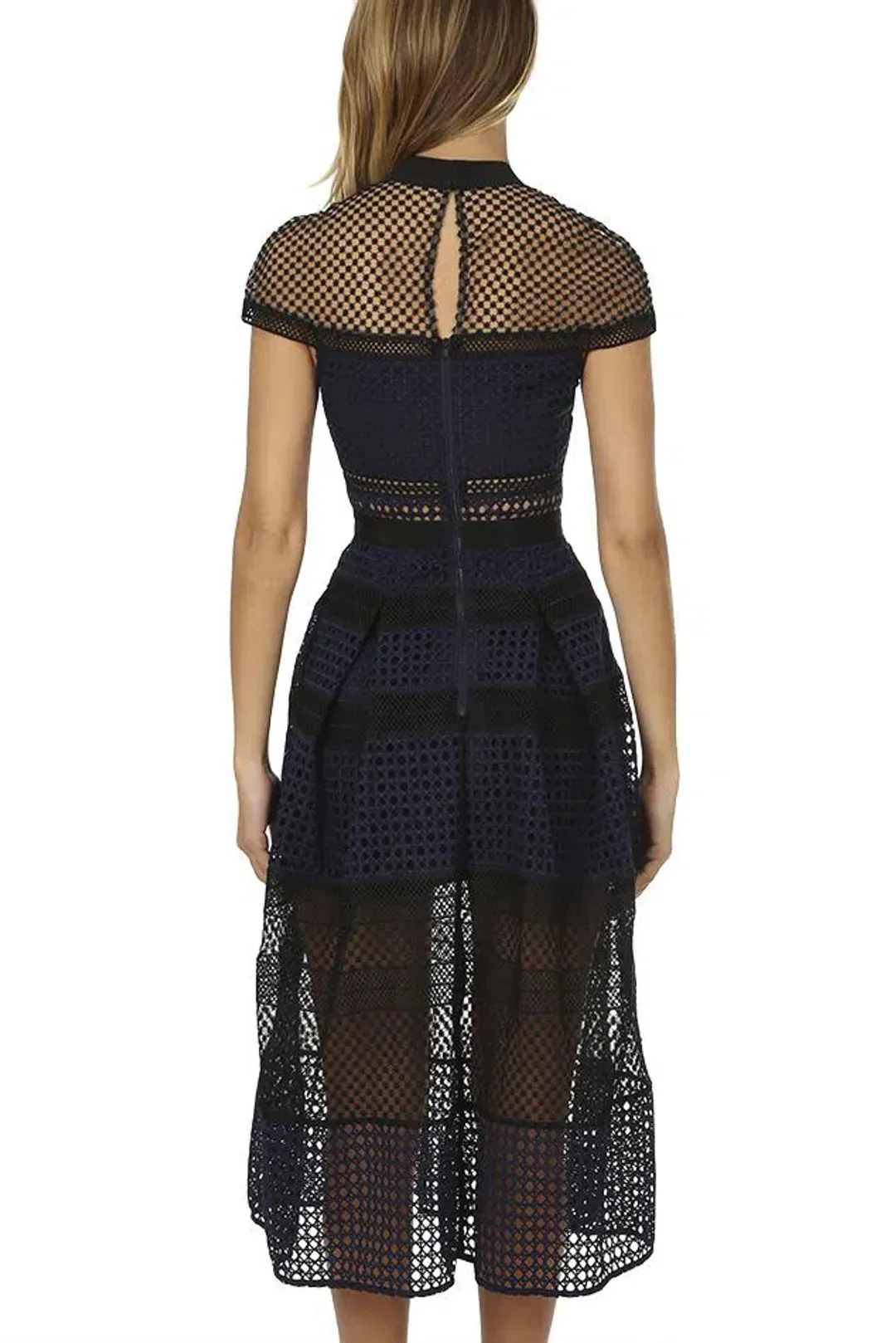 Self Portrait Crosshatch Midi Guipure Lace Dress Navy Size 8 for rent on The Volte - main image