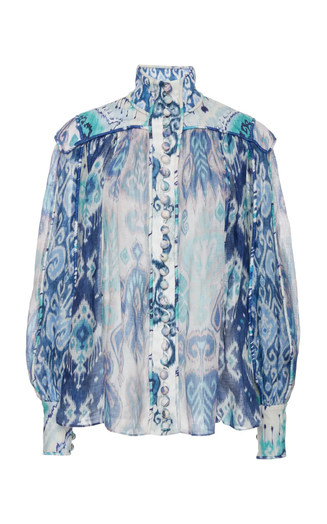 Zimmermann The Glassy Long Sleeve Blouse Spliced Blue Ikat Size 1 / AU 10 for rent on The Volte - main image