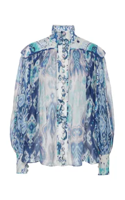 Zimmermann The Glassy Long Sleeve Blouse Spliced Blue Ikat Size 1 / AU 10 for rent on The Volte - image 3
