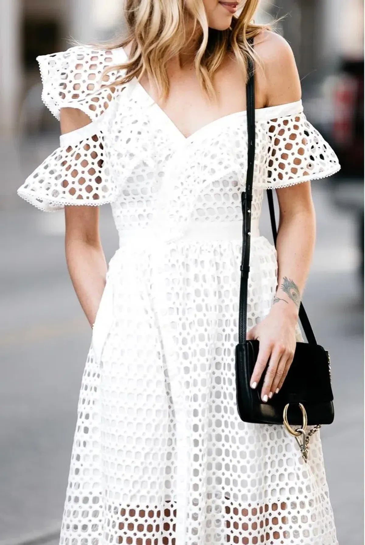 Self Portrait Asymmetric Ruffle Off the Shoulder Dress White Size 14 - Image 3