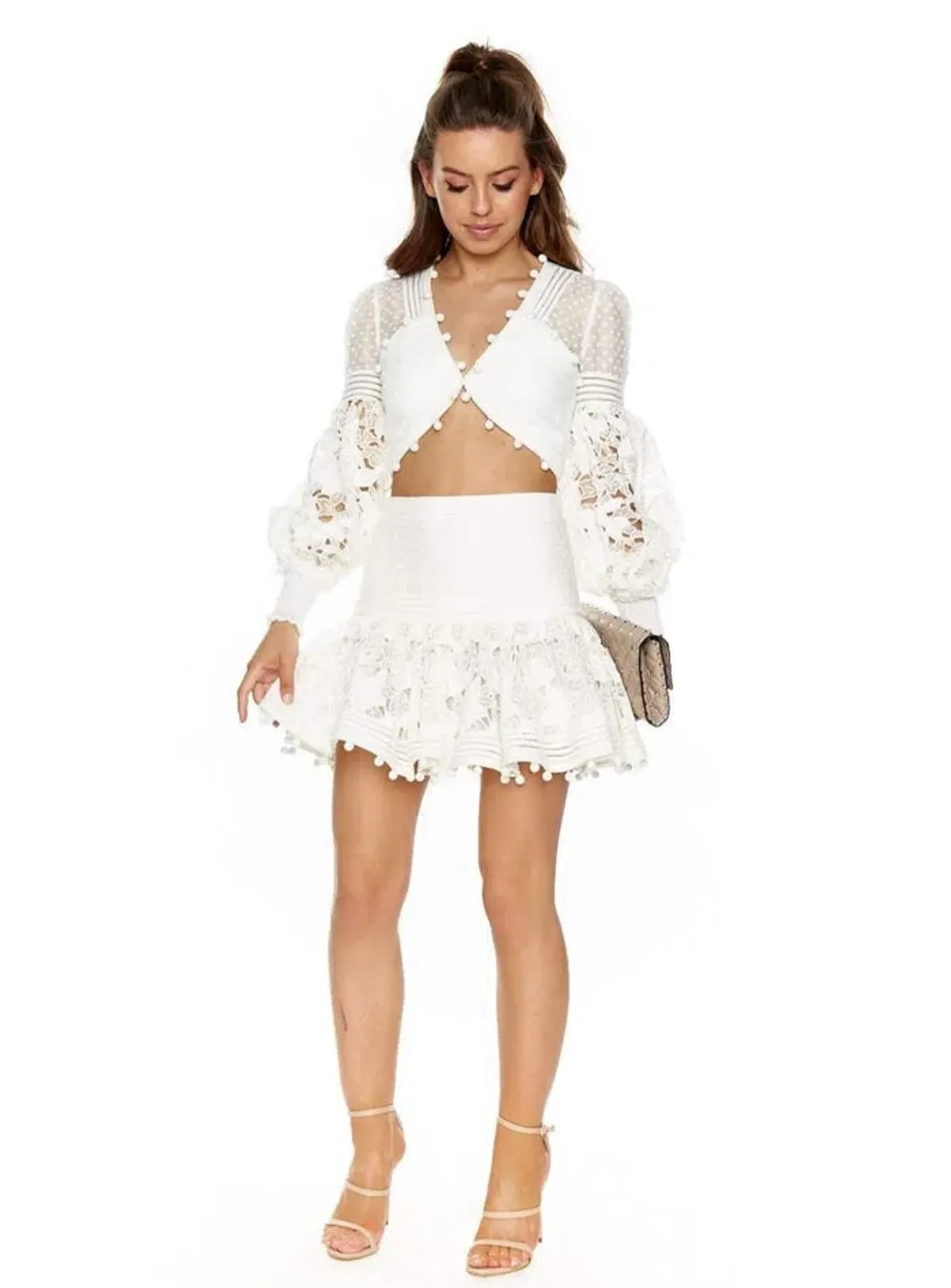 Zimmermann Corsage Pom-Pom Embellished Set Ivory Size 8 for rent on The Volte - main image