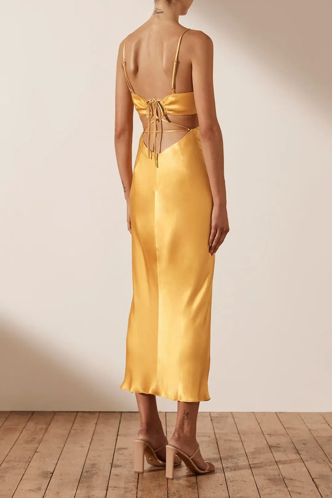 Shona Joy Alma Lace Up Midi Dress in Saffron Yellow Size 8 for rent on The Volte - main image