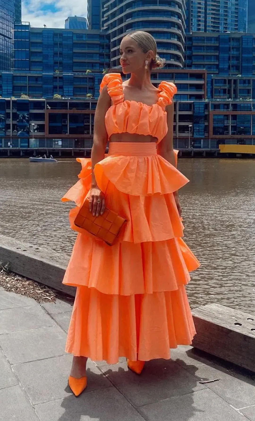 Aje Medina Ruched Crop Top and Tiered Midi Skirt Set Orange Set Size 8 for rent on The Volte - main image
