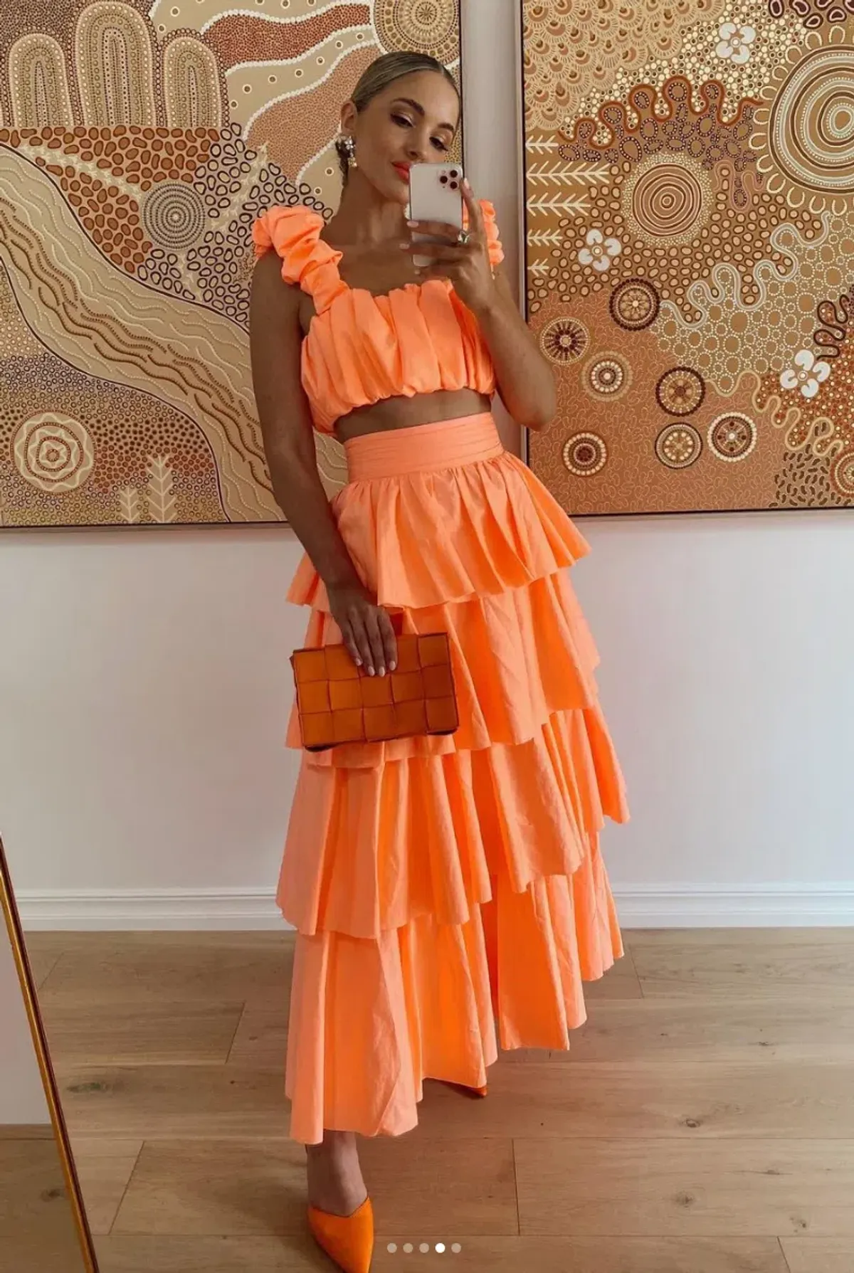 Aje Medina Ruched Crop Top and Tiered Midi Skirt Set Orange Size 10 - Image 4