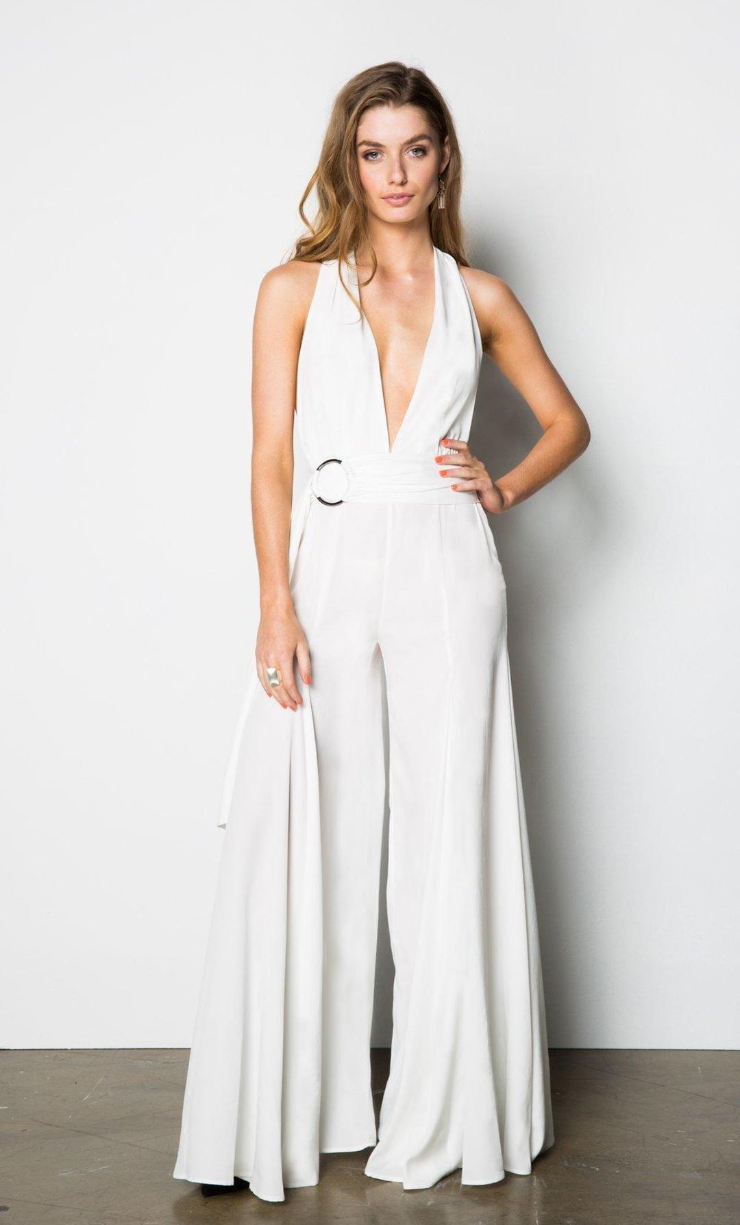 Stanzee Paloma Wide Leg Halter V-Neck Jumpsuit White Size 8 for rent on The Volte - main image