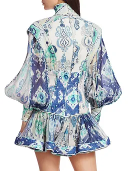 Zimmermann Glassy Long Sleeve Mini Dress Spliced Blue Ikat Print Size 0 / AU 8 for rent on The Volte - image 2