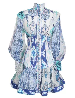 Zimmermann Glassy Long Sleeve Mini Dress Spliced Blue Ikat Print Size 0 / AU 8 for rent on The Volte - image 3