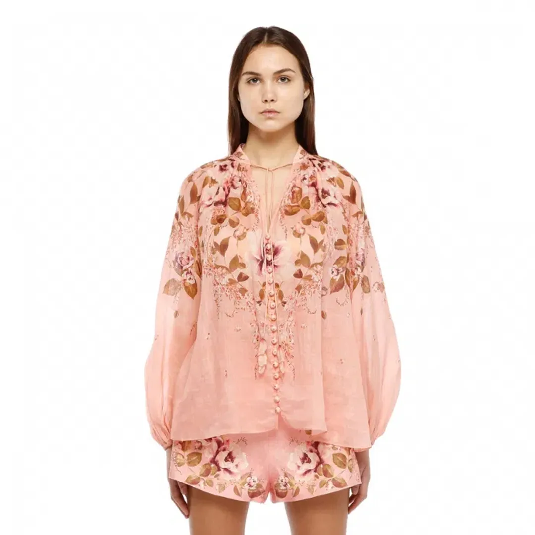 Zimmermann Rosa Tie Blouse Pink Peony Floral Size 0 / AU 8 for rent on The Volte - main image