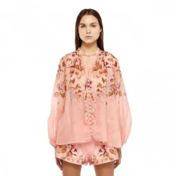 Zimmermann Rosa Tie Blouse Pink Peony Floral Size 0 / AU 8 for rent on The Volte - image 2