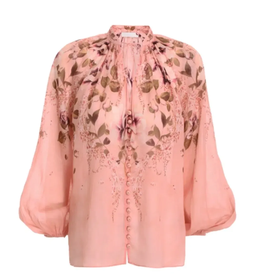 Zimmermann Rosa Tie Blouse Pink Peony Floral Size 0 / AU 8 for rent on The Volte - main image