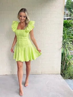 Aje Breathless Frill Sleeve Mini Dress in Lime Green Dress Size 8 for rent on The Volte - image 2