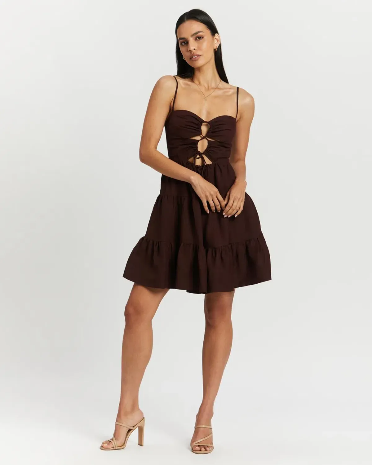 Shona Joy Rubi Lace Up Mini Dress in Cocoa Brown Size 10 for rent on The Volte - main image
