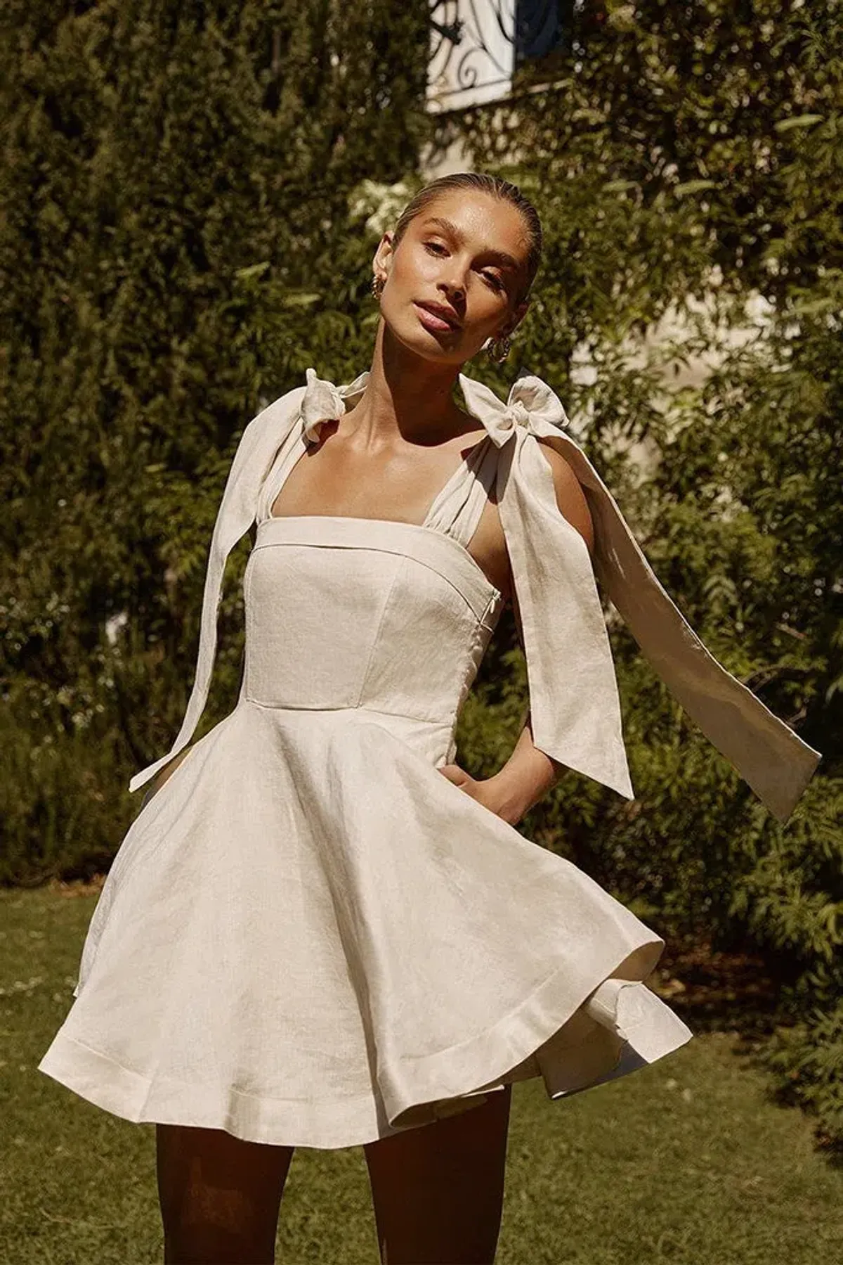 Dissh Aisle Pearl Linen Bow Mini Dress Cream Size 8 for rent on The Volte - main image