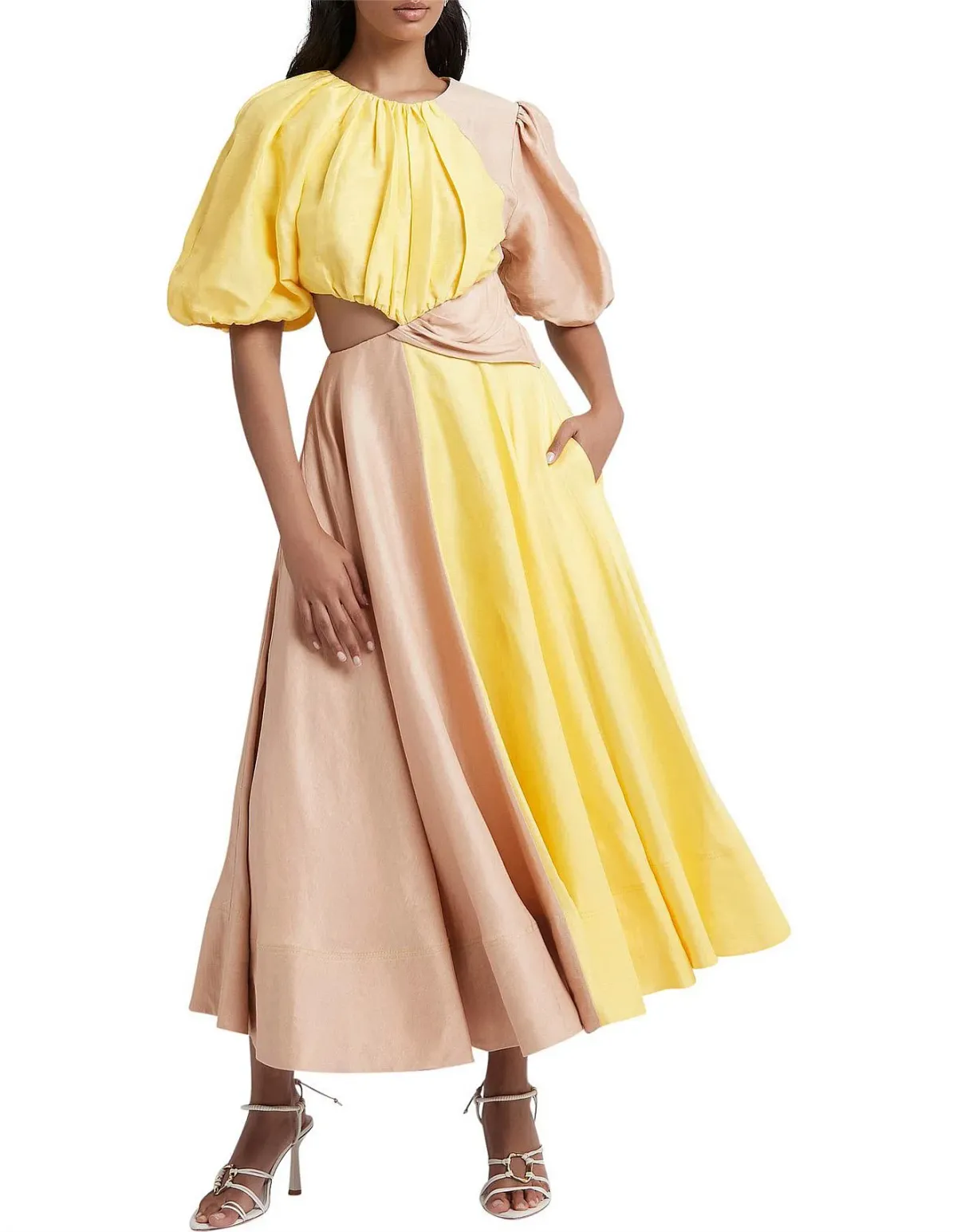 Aje Caliente Two Tone Puff Sleeve Dress Yellow Beige Size 8 - Image 1