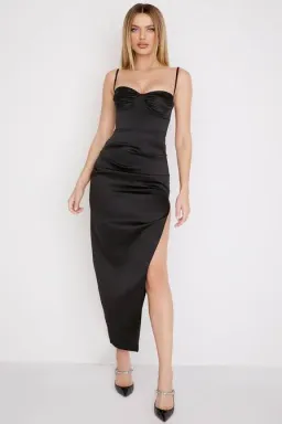 House of CB Flora Satin Pleated Corset Midi Dress Black Size 6 for rent on The Volte - image 1