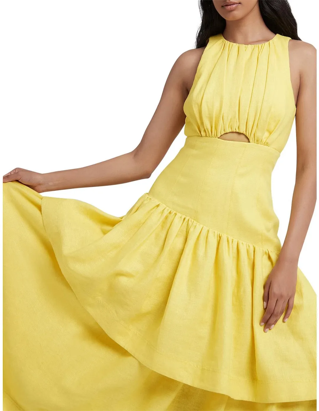 Aje Caliente Tiered Cut Out Midi Dress Yellow Size 10 for rent on The Volte - main image
