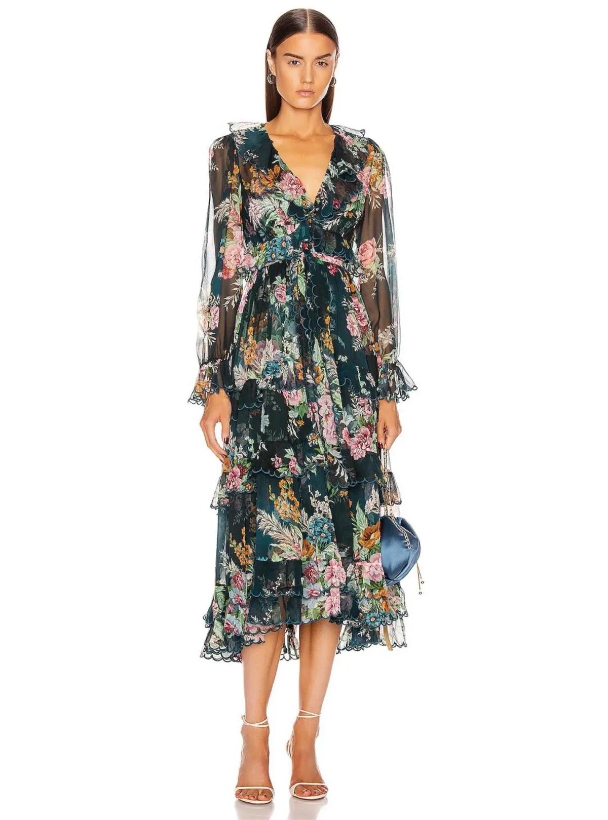 Zimmermann Wavelength Scallop Tiered Silk Chiffon Midi Dress Floral Print Size 0P / AU 6 - Image 1