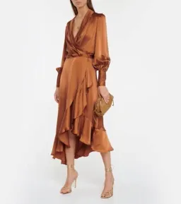 Zimmermann Silk Wrap Midi Dress Brown Size 12 for rent on The Volte - image 1