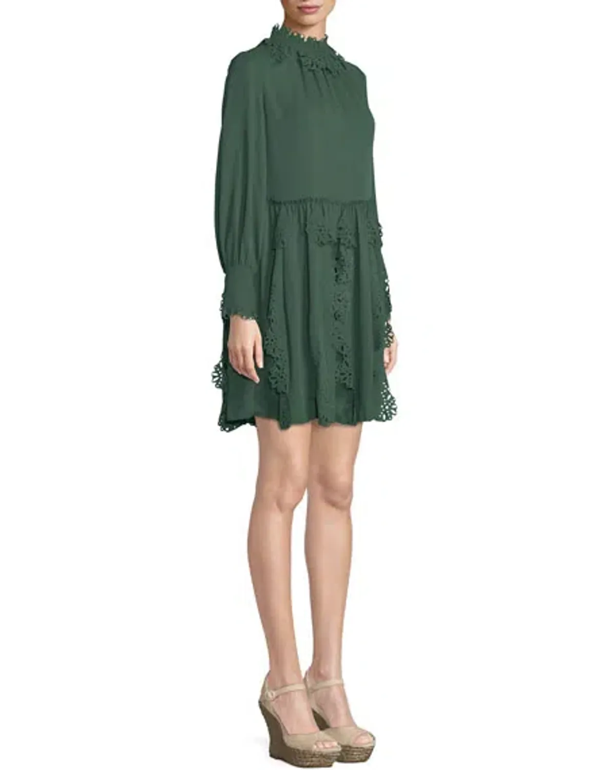 See By Chloe Floral Lace Puff-Sleeve Midi Dress Green Size 10 - Image 3