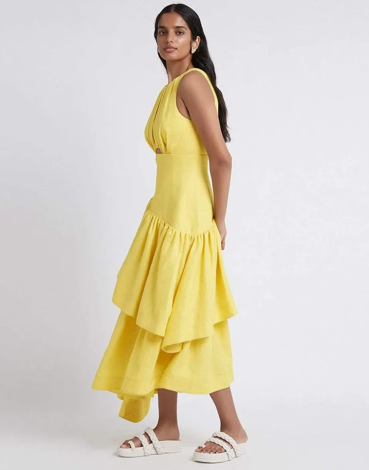 Aje Caliente Tiered Cut Out Midi Dress Yellow Size 14 - Image 2