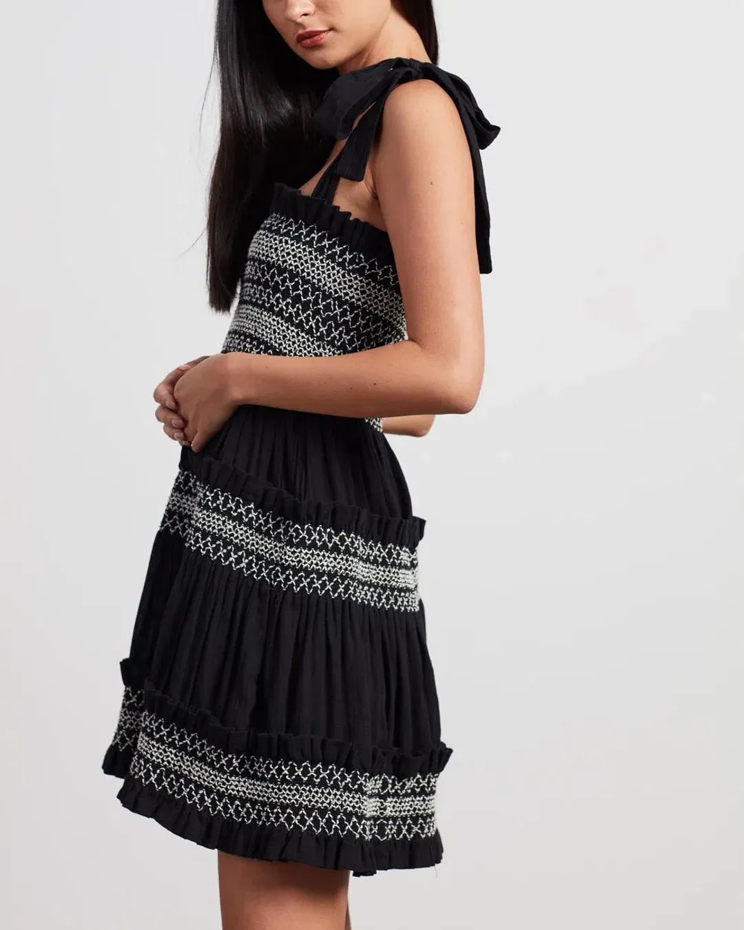 Shona Joy Leda Shirred Tiered Mini Dress Black Size 8 for rent on The Volte - main image