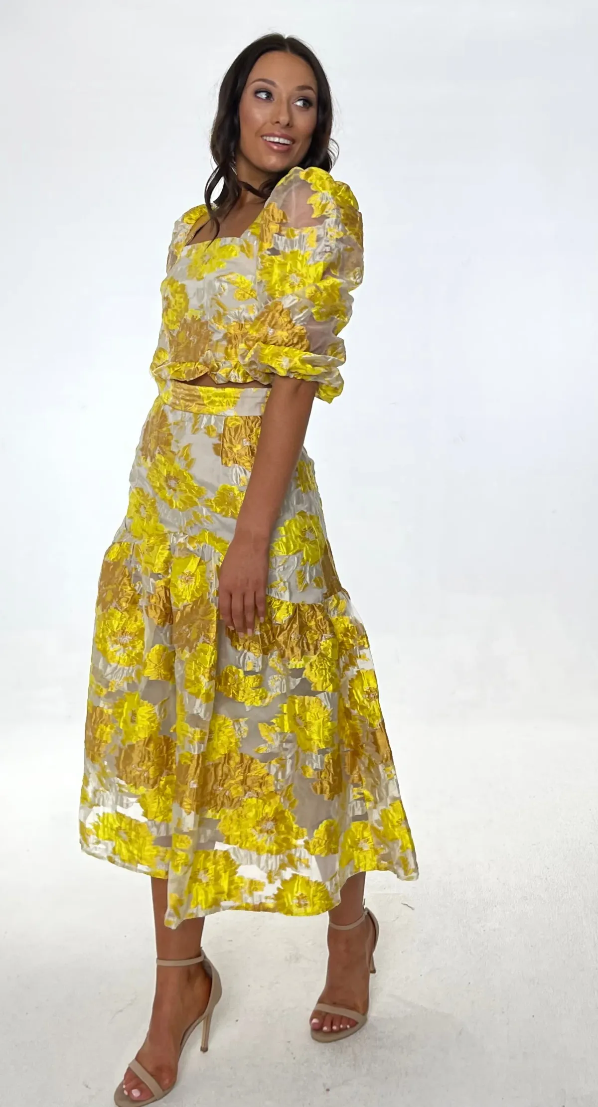 Elliatt Prowess Cropped Ruffle Top and High Rise Skirt Set Yellow Size 6 for rent on The Volte - main image